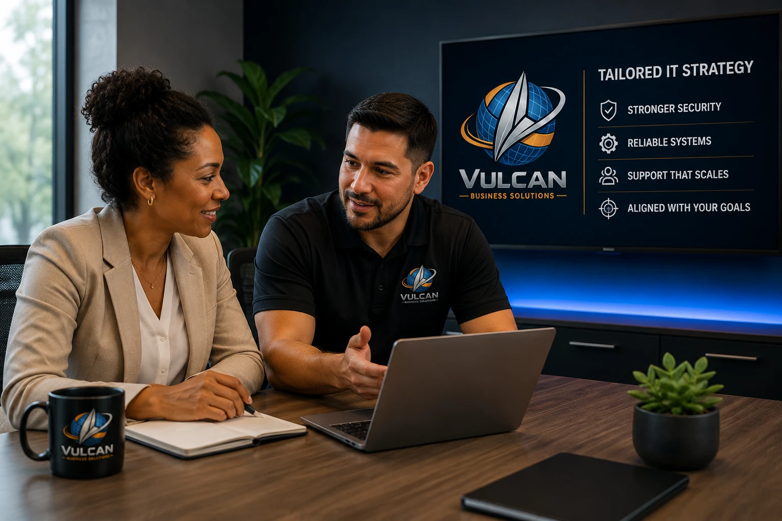A VBS IT strategist and client meet in a conference room to discuss Vulcan Business Solutions