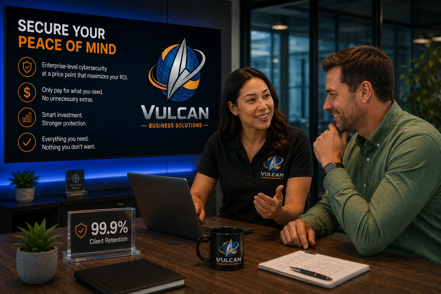 Vulcan Business Solutions cybersecurity meeting with a “Secure your peace of mind” promo board and 99.9% client retention sign
